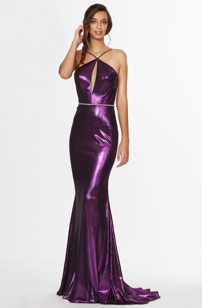 Angela & Alison - 91100 Halter Metallic Shimmer Trumpet Dress Special Occasion Dress 0 / Electric Purple