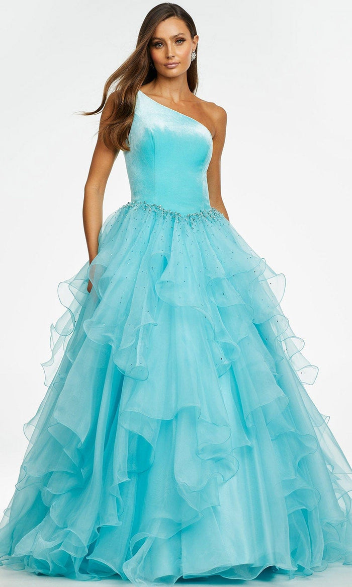 Ashley Lauren - 11165 Jeweled Organza Ballgown Prom Dresses 0 / Sky