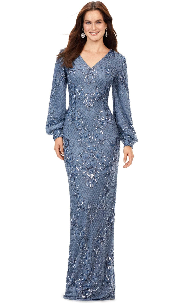 Ashley Lauren 11193 - Beaded Bishop Sleeve Evening Gown Evening Gown 0 / Vintage Blue