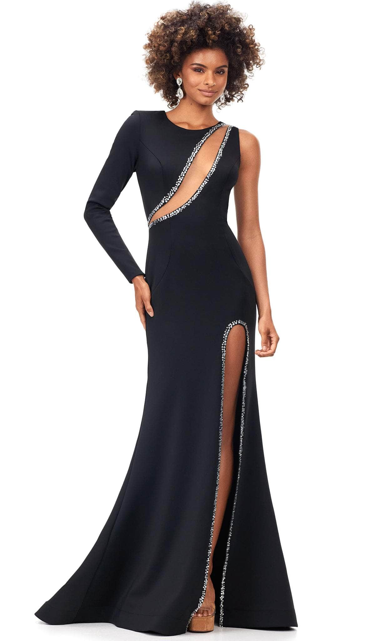 one shoulder prom dress with cut out Primavera Couture 3766 One Shoulder Fringe Prom Dress Pageant Gown Cutout Side 00 / Black