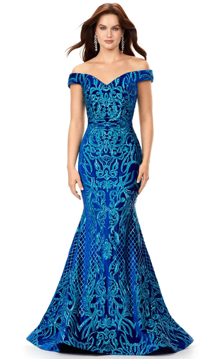 Ashley Lauren 11330 - Velvet Off Shoulder Evening Gown Special Occasion Dress 00 / Blue