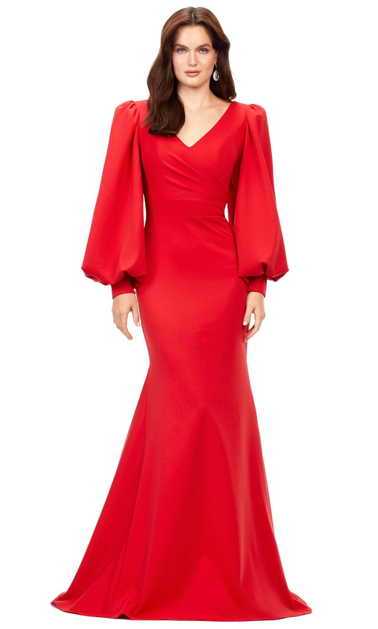red dress with v neck Ashley Lauren 11345 - Bishop Sleeve V-Neck Prom Gown 6 / Red
