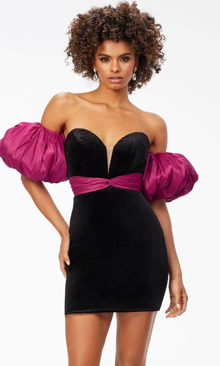 Ashley Lauren 4559 - Puffed Off-Shoulder Cocktail Dress Special Occasion Dress 0 / Black/Raspberry