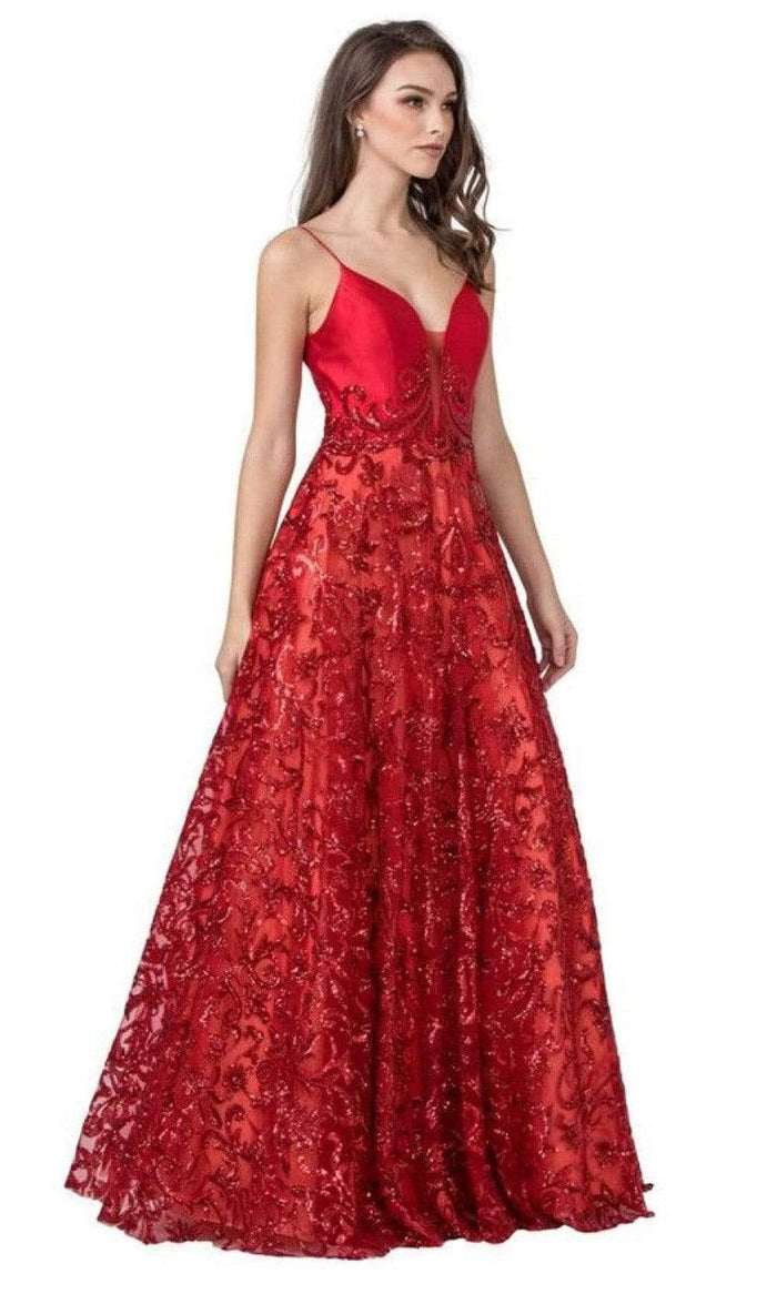 Aspeed Design - L2408 Spaghetti Strap Sequin Motif A-Line Dress Prom Dresses XXS / Red