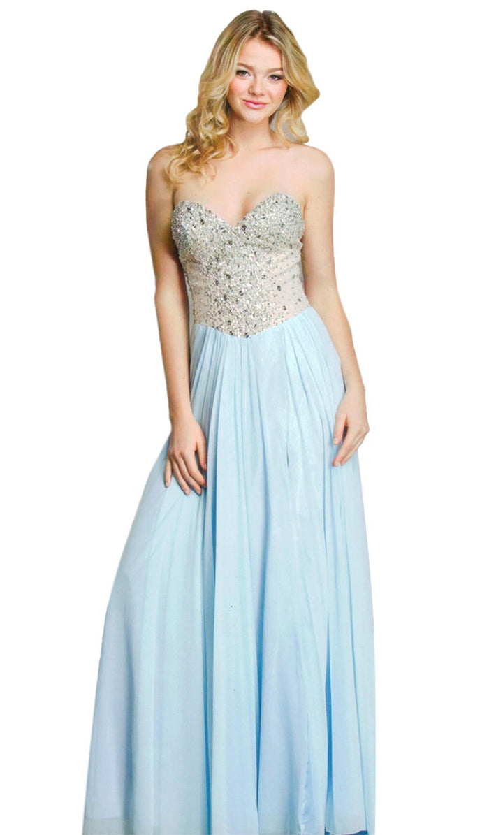 Beaded Sweetheart Jersey Gown with Slit Dress XXS / Light-Blue