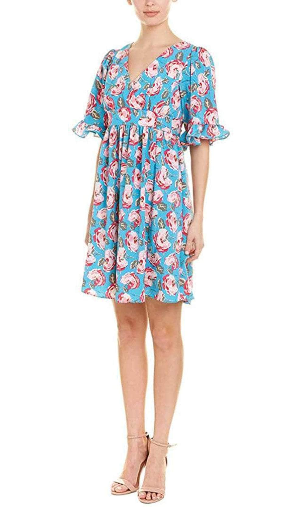 Betsey Johnson FP01W26 - V-Neck Bell Short Sleeved Floral Short Dress Betsey Johnson FP01W26 - V-Neck Bell Short Sleeved Floral Short Dress