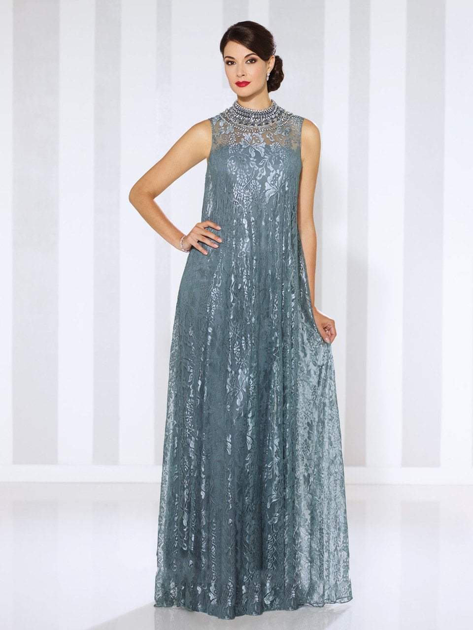 Cameron Blake by Mon Cheri - Illusion High Neck Lace Overskirt Gown 116670  - 1 pc Steel Gray in Size 14 Available - 12 / Steel Gray, image size:960x1280