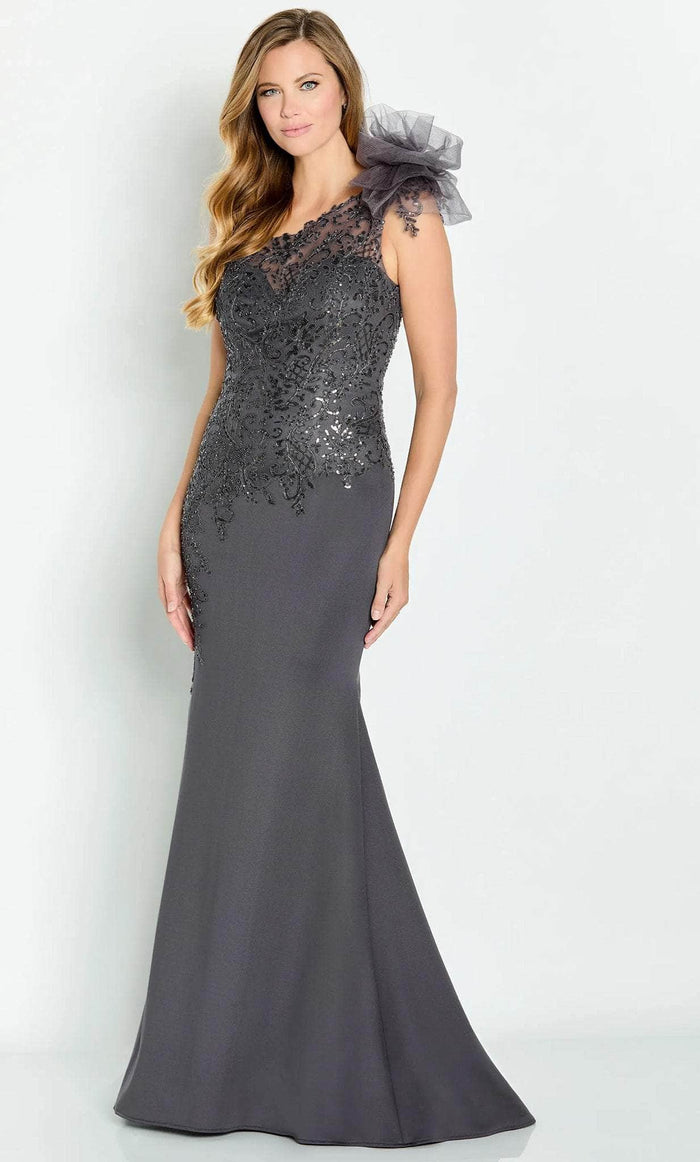 Cameron Blake CB132 - Asymmetrical Appliqued Formal Gown Formal Gowns 4 / Charcoal