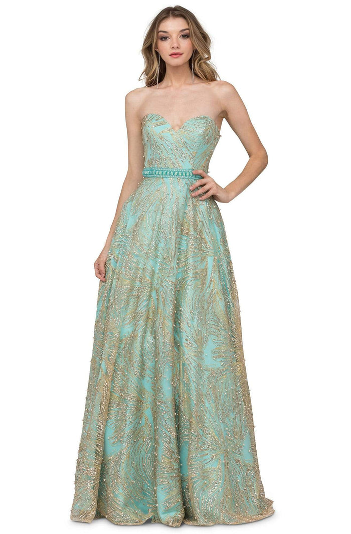 Cecilia Couture - 1446 Strapless Sweetheart Gilded A-Line Gown Prom Dresses 0 / Aqua/Gold