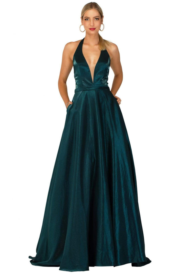 Cecilia Couture - 1467 Sleek Plunging Halter Long A-Line Gown Evening Dresses 0 / Dark Teal