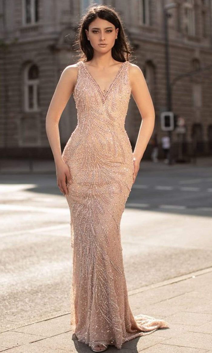 Chic and Holland - HF1364 Paisley Beaded Sleeveless V-Neck Sheath Gown Special Occasion Dress 0 / Blush