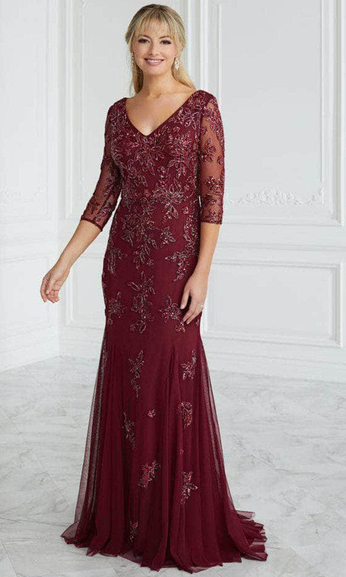 Christina Wu Elegance 17088 - Beaded Applique Trumpet Evening Gown Mother of the Bride Dresses 6 / Wine