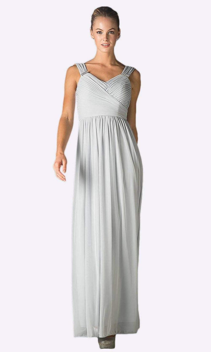 Cinderella Divine - 3984 V-Neck Ruched Bodice Chiffon A-Line Gown Bridesmaid Dresses XS / Silver