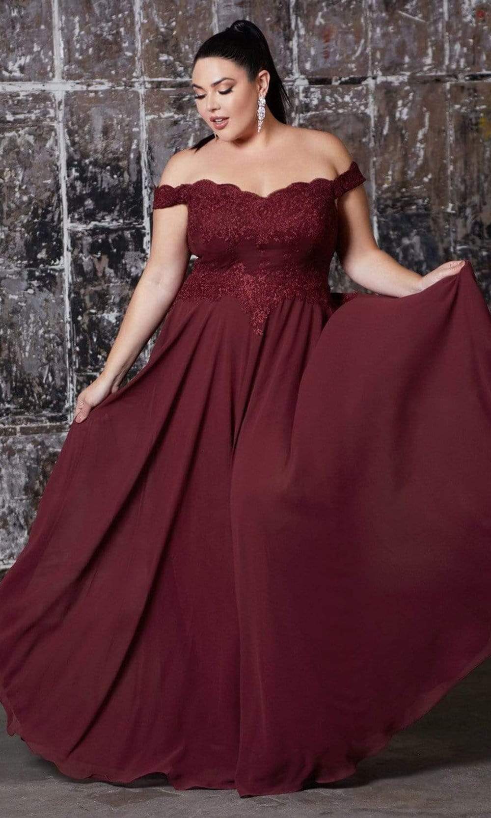 Cinderella Divine - 7258 Flowy Chiffon Lace Embellished A-Line Gown Cinderella Divine - 7258 Flowy Chiffon Lace Embellished A-Line Gown