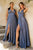 Cinderella Divine - 7469 Satin V-Neck A-Line Dress with Slit Bridesmaid Dresses 2 / Smoky Blue