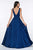 Cinderella Divine - 7469 V Neck High Slit Satin Flowy A-Line Dress Bridesmaid Dresses 2 / Navy