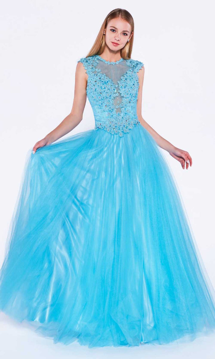 Cinderella Divine - 7635 Beaded Lace Illusion Jewel A-Line Dress Prom Dresses 2 / Baby Blue