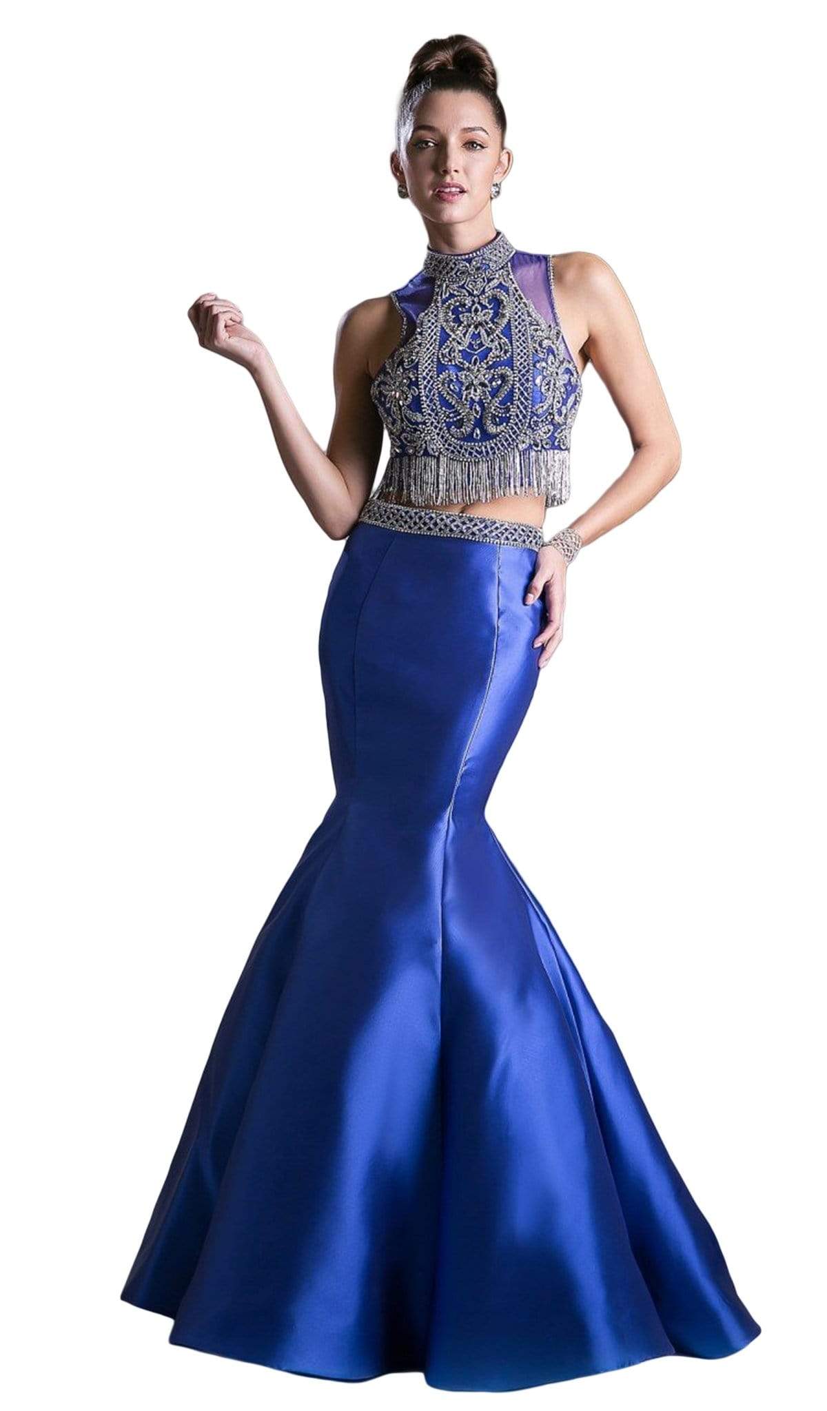 Cinderella Divine - 84016 Two-Piece Beaded High Halter Mermaid Gown - 4 / Royal Cinderella Divine - 84016 Two-Piece Beaded High Halter Mermaid Gown - 4 / Royal