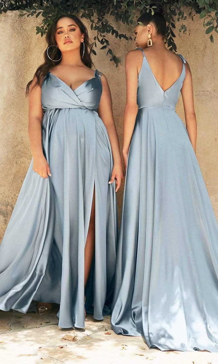 Cinderella Divine Fitted Stretch Satin Gathered Waistband DUSTY-BLUE Evening Gown Bridesmaid CH236 M / Dust-Blue (LightSteelBlue)