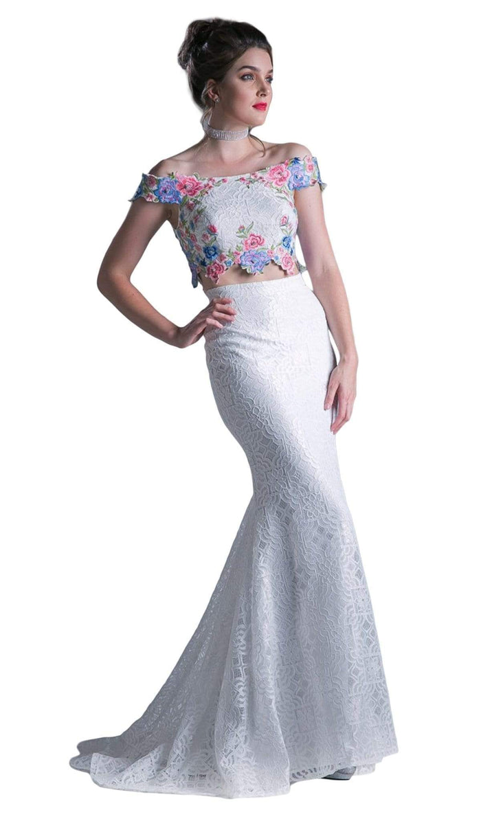 Cinderella Divine - CA314 Two Piece Floral Embroidered Mermaid Dress Evening Dresses 2 / White