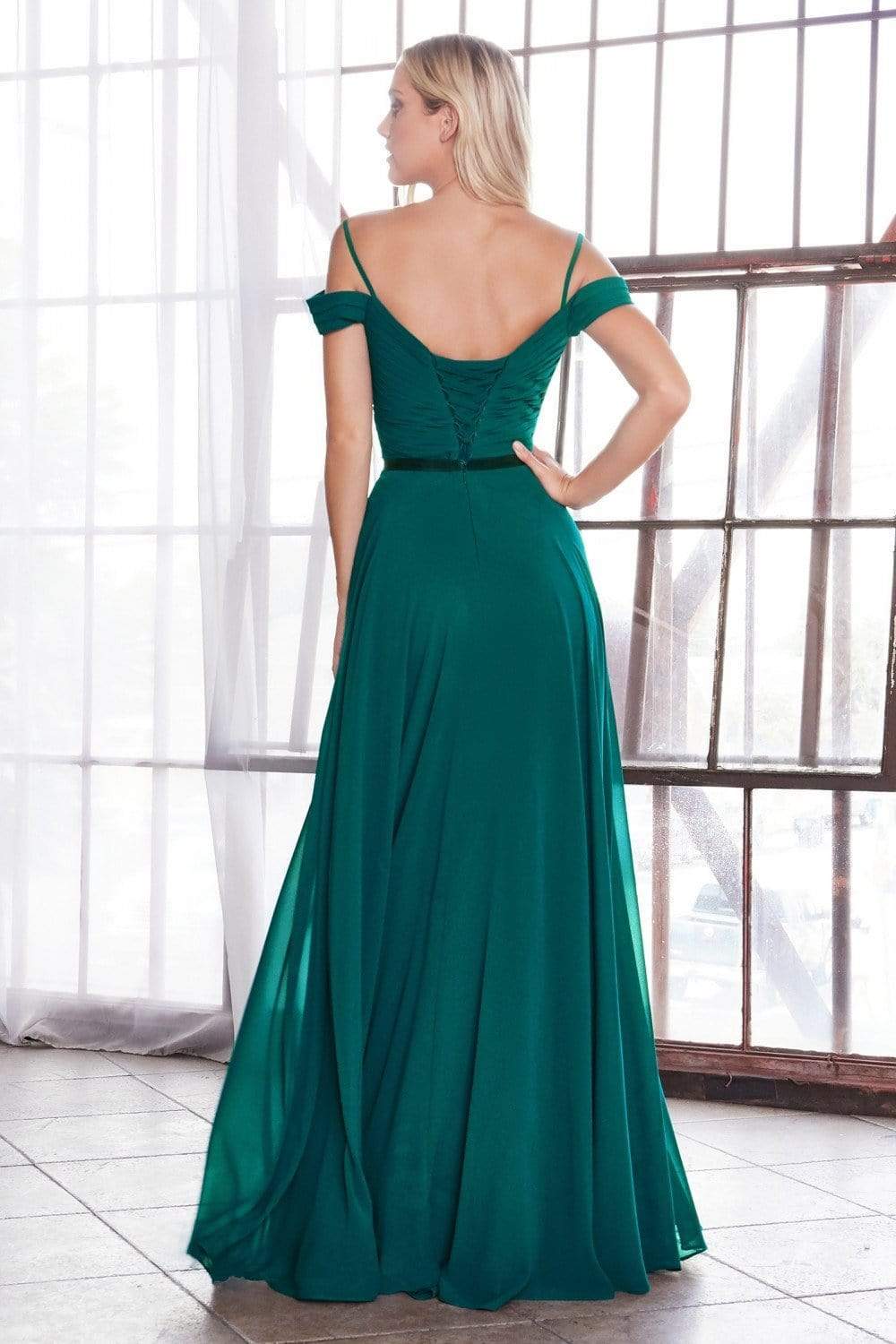 pleated bodice chiffon dress 44385: Off the Shoulder Chiffon A-Line Bridal Gown with Pleated Bodice
