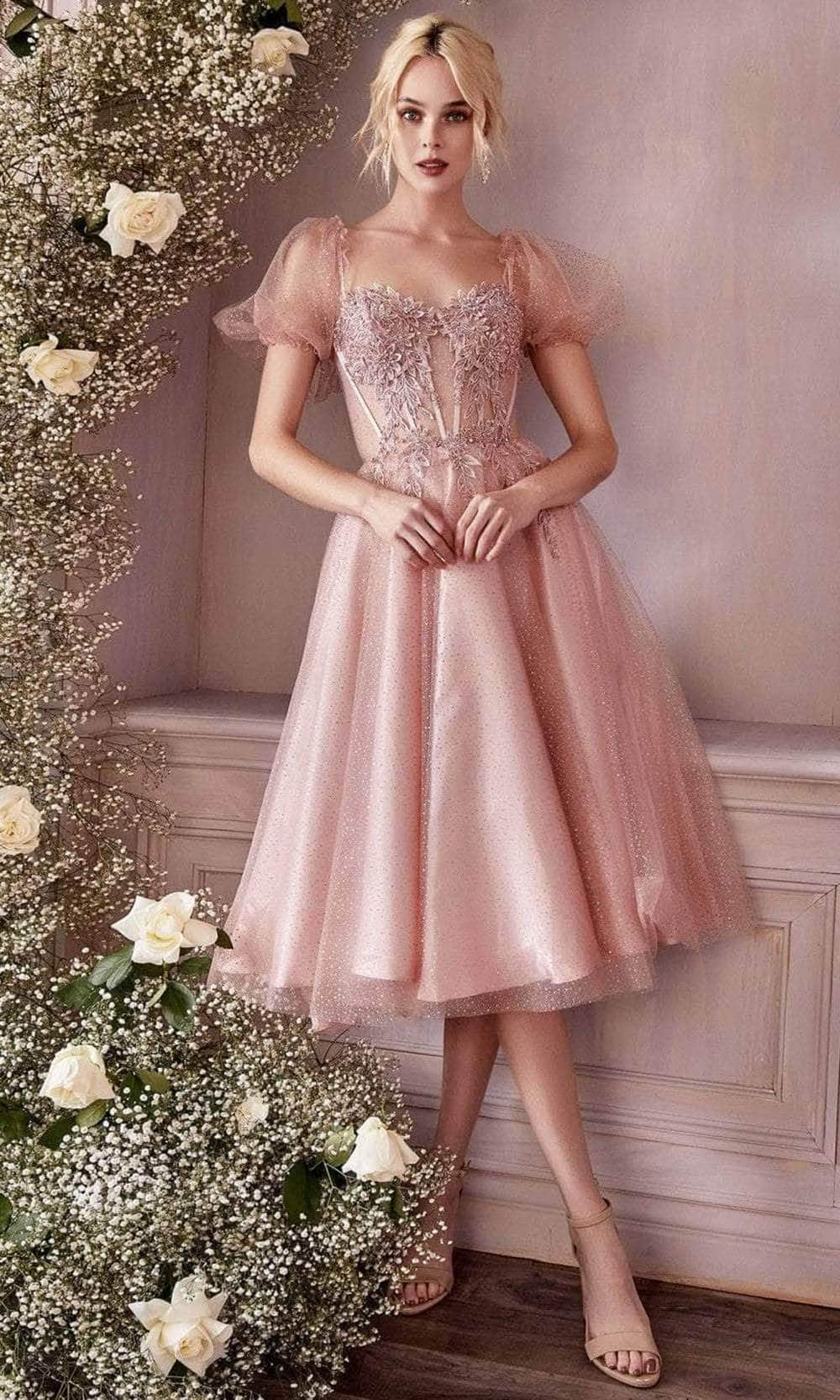 Cinderella Divine CD0187 - Puff- Sleeve Tea-Length Dress Cinderella Divine CD0187 - Puff- Sleeve Tea-Length Dress