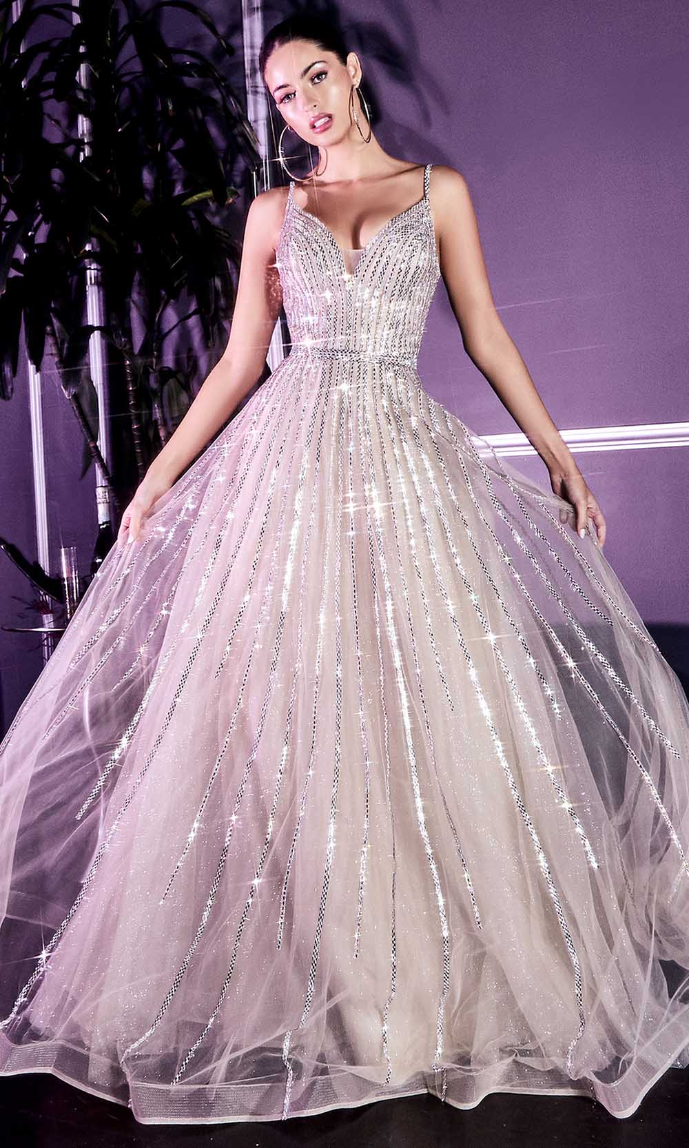 Cinderella Divine - CD940 Metallic Beaded V-Neck Junior Prom Long Gown Cinderella Divine - CD940 Metallic Beaded V-Neck Junior Prom Long Gown