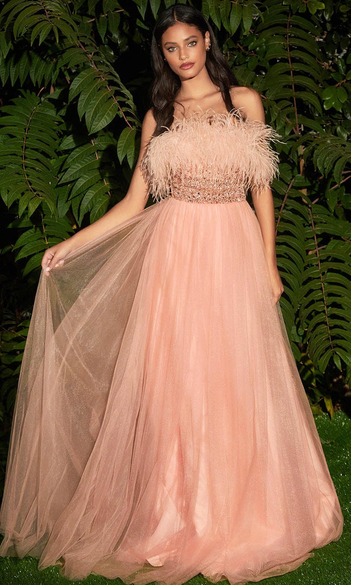Cinderella Divine CR864 - Strapless Feathery Long Gown Special Occasion Dress 2 / Blush