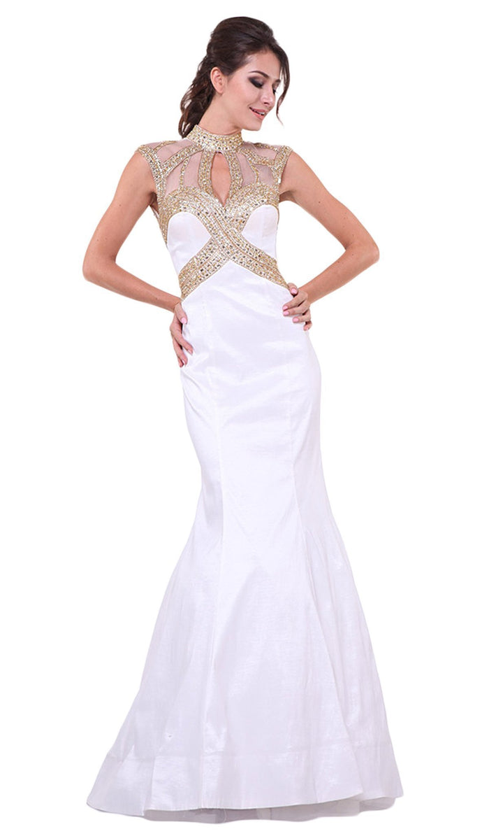 Cinderella Divine - Embellished Sheer High Neck Fitted Evening Gown Special Occasion Dress 2 / Off White