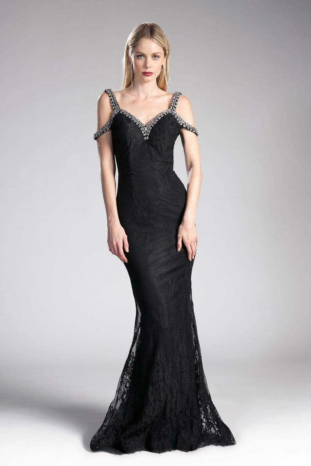 Cinderella Divine - Embellished Strappy V-neck Lace Fitted Dress Couture Candy Cinderella Divine - Embellished Strappy V-neck Lace Fitted Dress Couture Candy