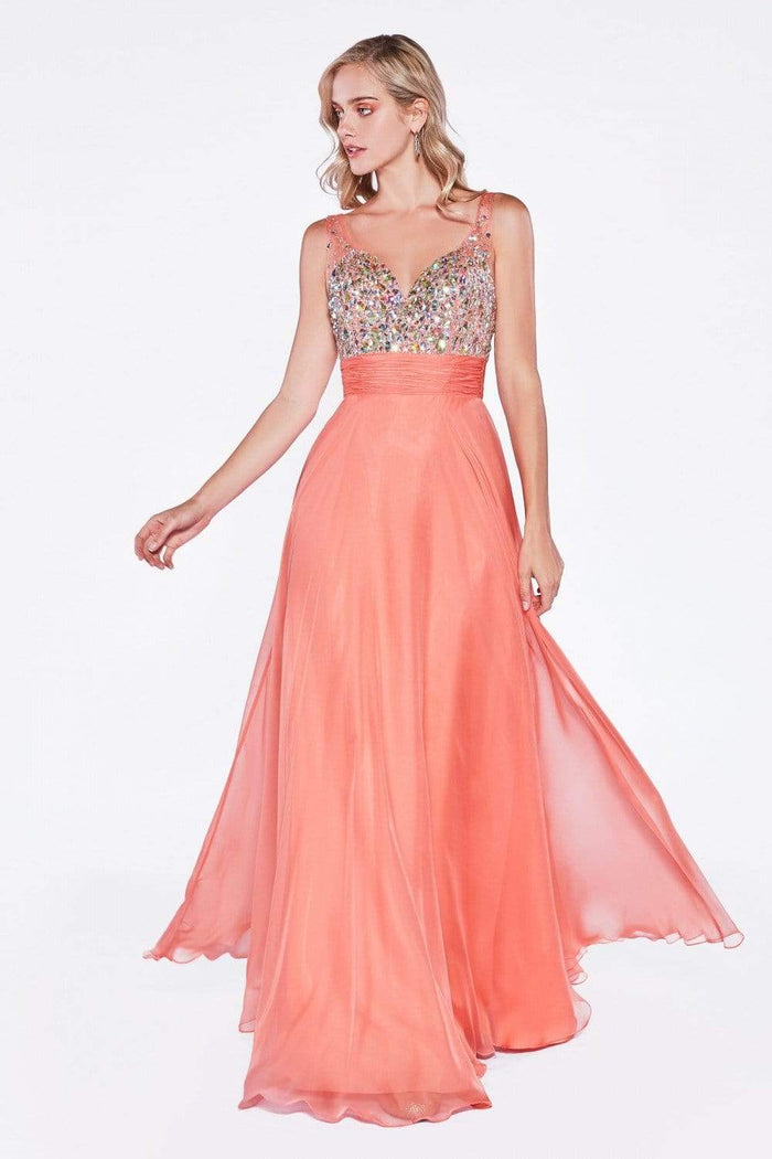 Cinderella Divine - Sleeveless Bedazzled Plunging V-neck A-line Dress Special Occasion Dress 2 / Coral