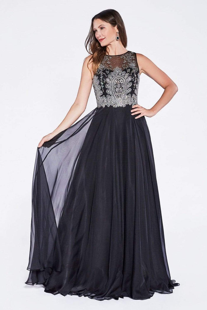 Cinderella Divine - Sleeveless Illusion Metallic Appliqued A-Line Gown Special Occasion Dress 2 / Black