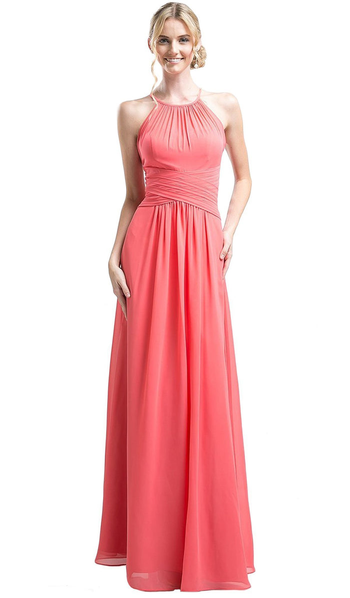 Cinderella Divine - Sleeveless Ruched Halter A-line Dress Special Occasion Dress XS / Coral