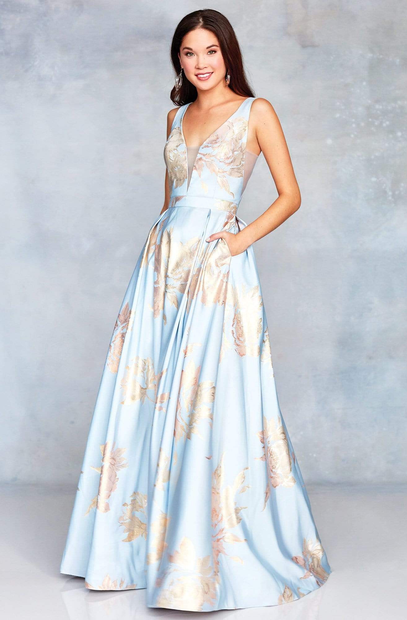 Clarisse - 3703 Deep V-neck Brocade A-line Dress Couture Candy Clarisse - 3703 Deep V-neck Brocade A-line Dress Couture Candy