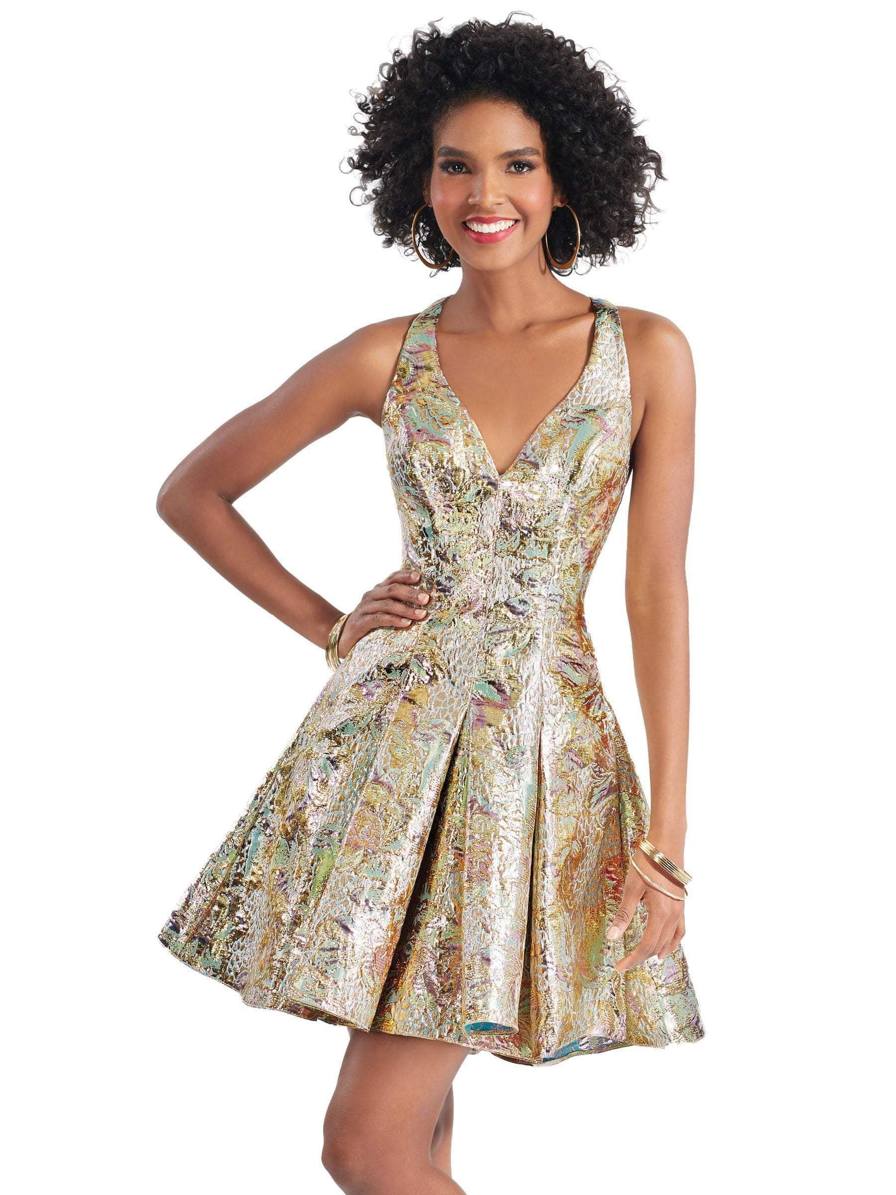 Clarisse - 3903 V-neck Metallic Brocade Pleated A-line Dress Clarisse - 3903 V-neck Metallic Brocade Pleated A-line Dress