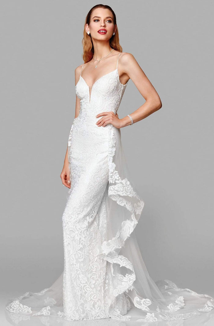 Clarisse - 600141 Beaded Lace Deep V-neck Sheath Dress Wedding Dresses 0 / Ivory