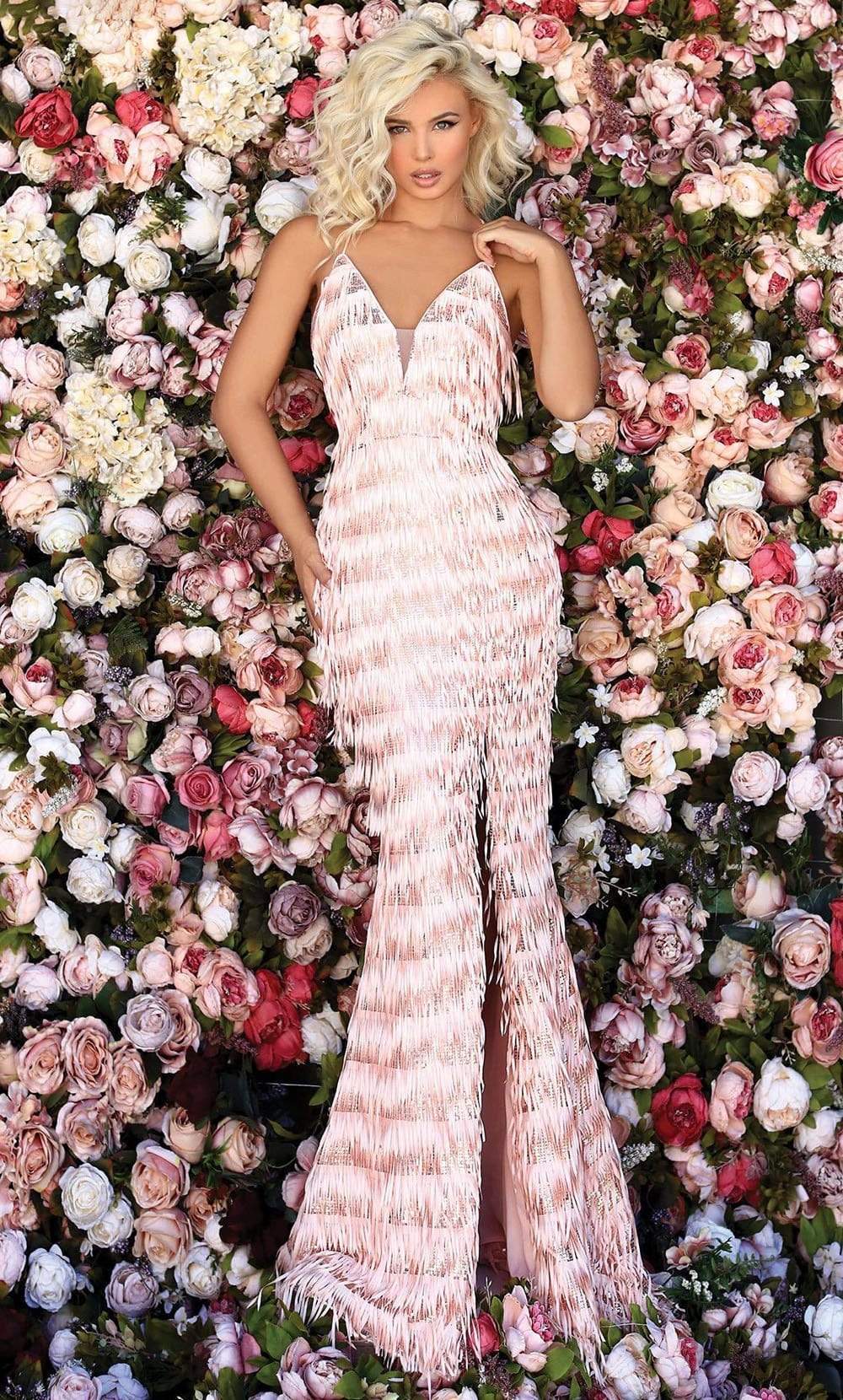 Clarisse - 800203 Deep V Neck Fringe Trumpet Dress Couture Candy Clarisse - 800203 Deep V Neck Fringe Trumpet Dress Couture Candy