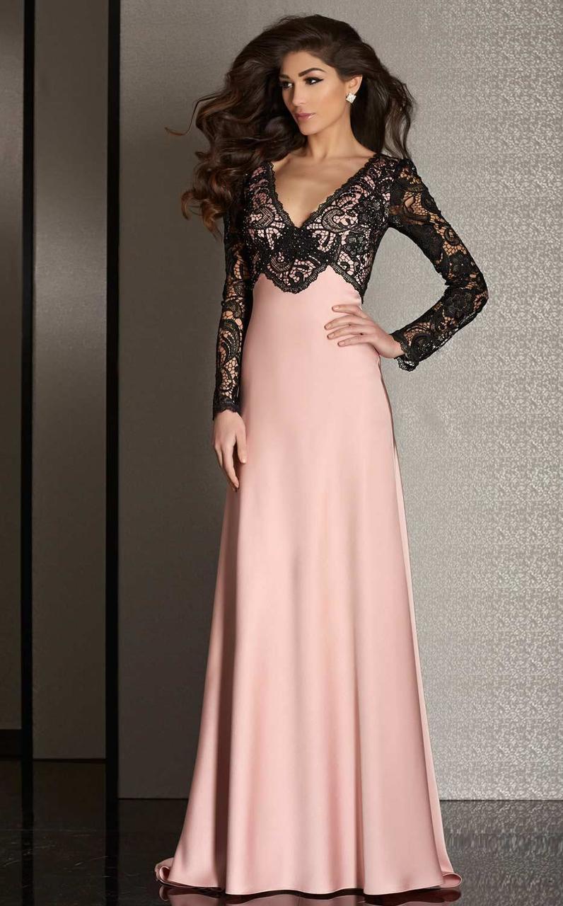 Evening A-Line V-Neck Lace Floor-Length Lace Dress M6222 by Clarisse 12 / Blush/Black Evening A-Line V-Neck Lace Floor-Length Lace Dress M6222 by Clarisse 12 / Blush/Black