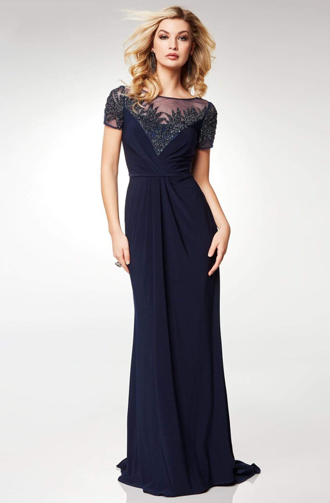 Formal Sheath Illusion Beaded Floor-Length Jersey Dress M6532 by Clarisse 24 / Navy Formal Sheath Illusion Beaded Floor-Length Jersey Dress M6532 by Clarisse 24 / Navy