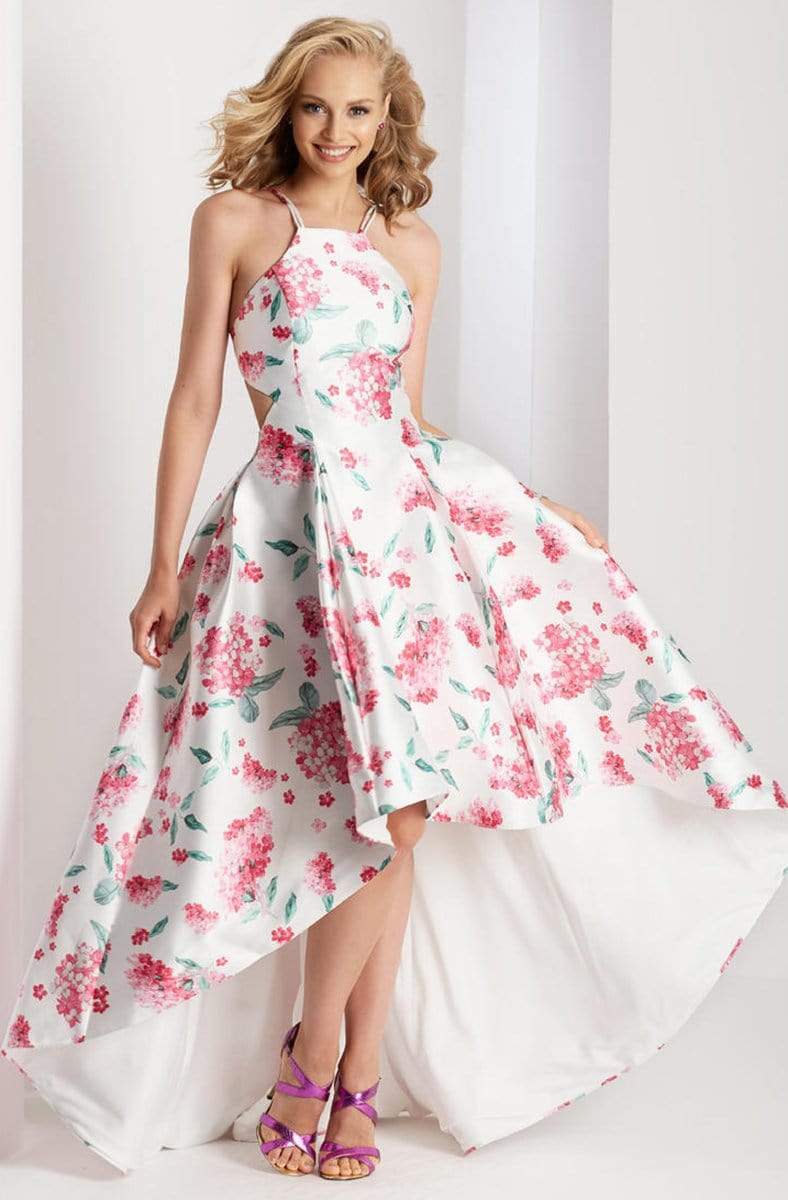 Evening Formal High-Low Halter Floor-Length Mikado Dress 3564 by Clarisse 2 / White/Print Evening Formal High-Low Halter Floor-Length Mikado Dress 3564 by Clarisse 2 / White/Print