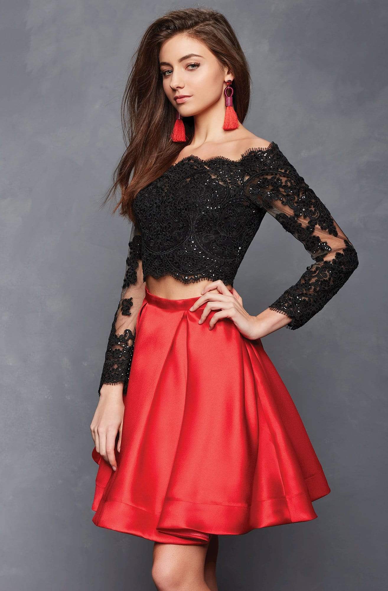 Clarisse - S3581 Two Piece Two Toned Lace Mikado A-line Dress Couture Candy Clarisse - S3581 Two Piece Two Toned Lace Mikado A-line Dress Couture Candy