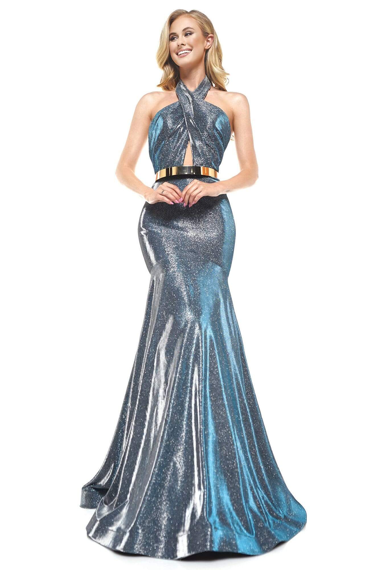 Colors Dress - 2287 Shiny Crossed Neckline Trumpet Dress  Couture Candy