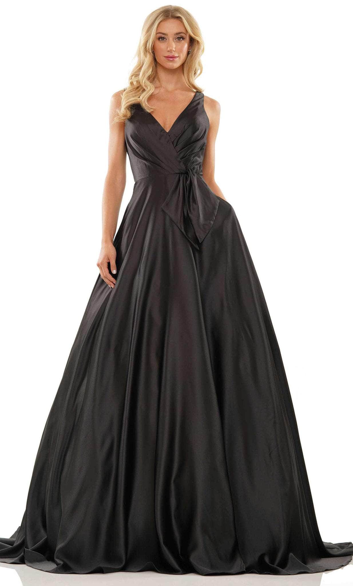 Colors Dress G1100 - V-Neck Bow Accent Satin Prom Gown Colors Dress G1100 - V-Neck Bow Accent Satin Prom Gown