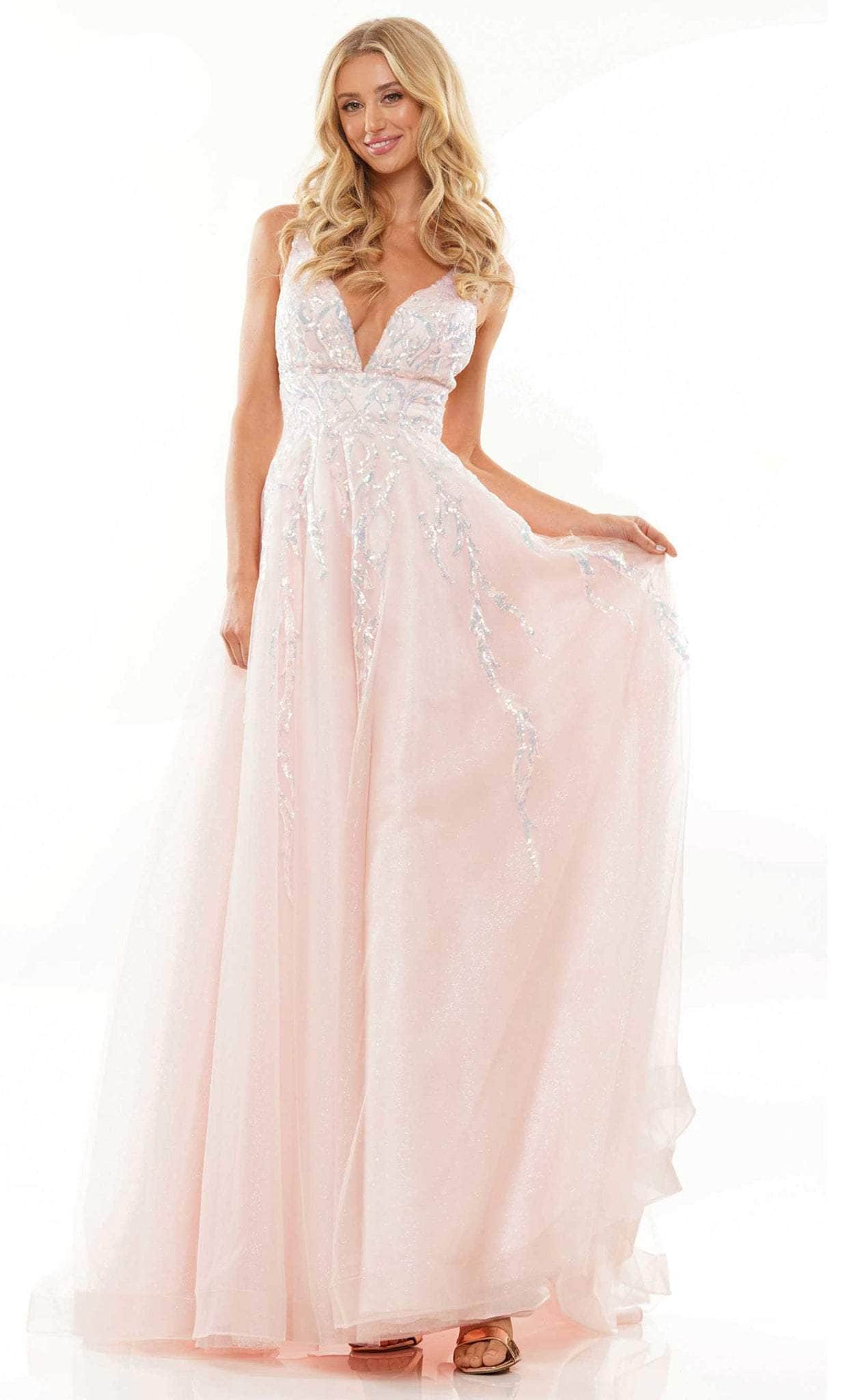 knee length dresses for ladies Deep V Neck Light Pink A Line Prom Dress, Spaghetti Straps Appliques Sexy Prom  Dress main image 1
