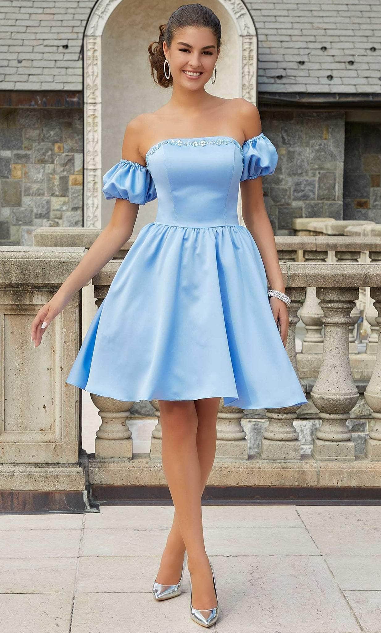 Damas 9612 - Detachable Sleeve Satin Cocktail Dress Damas 9612 - Detachable Sleeve Satin Cocktail Dress