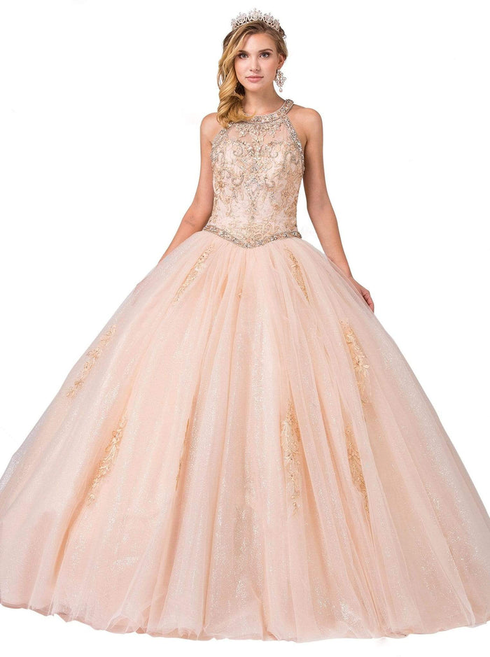 Dancing Queen - 1346 Jeweled Lace Appliqued Halter Ballgown Special Occasion Dress XS / Champagne