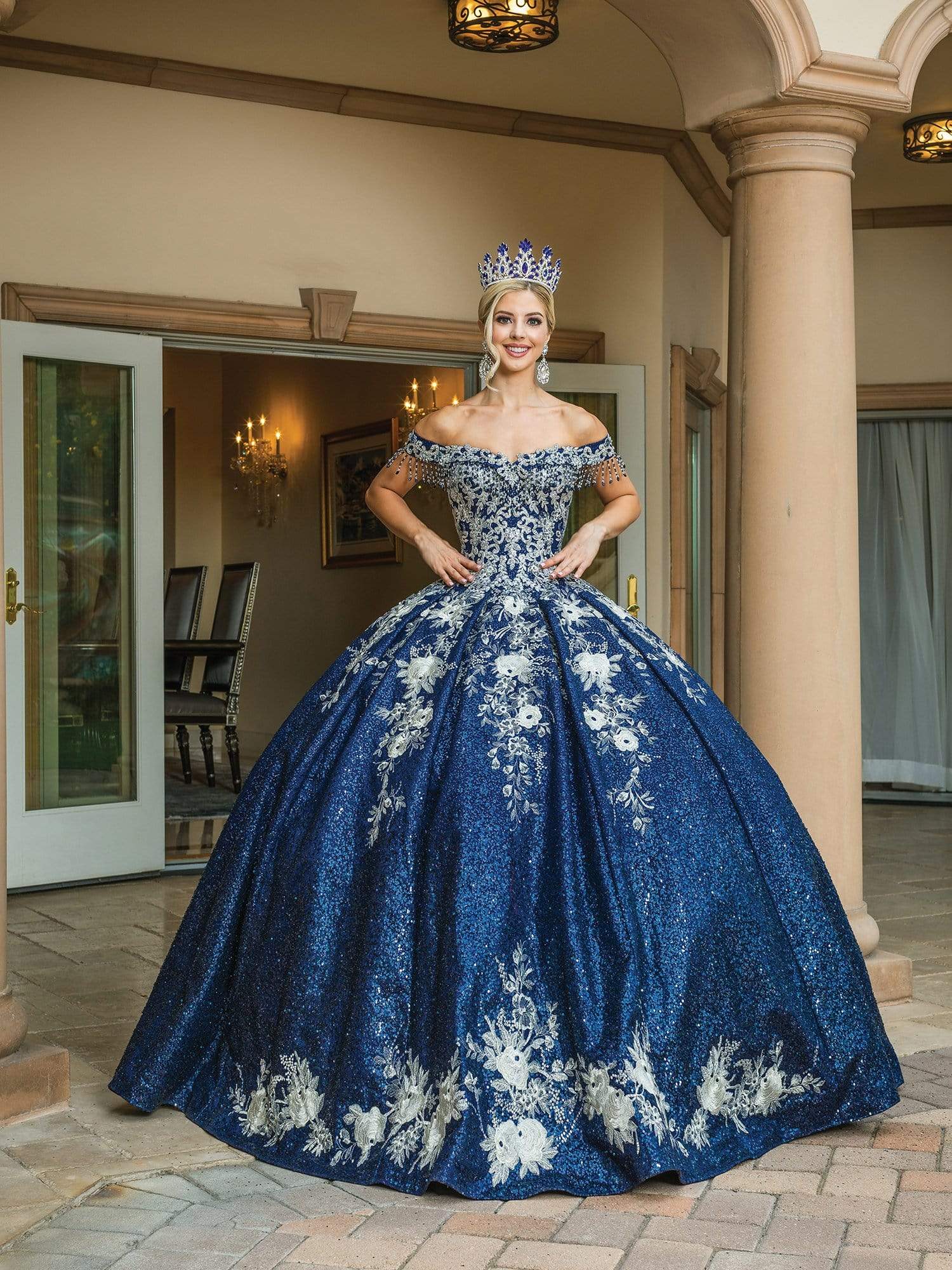 Dancing Queen - 1642 Dangling Beaded Pleated Gown Dancing Queen - 1642 Dangling Beaded Pleated Gown