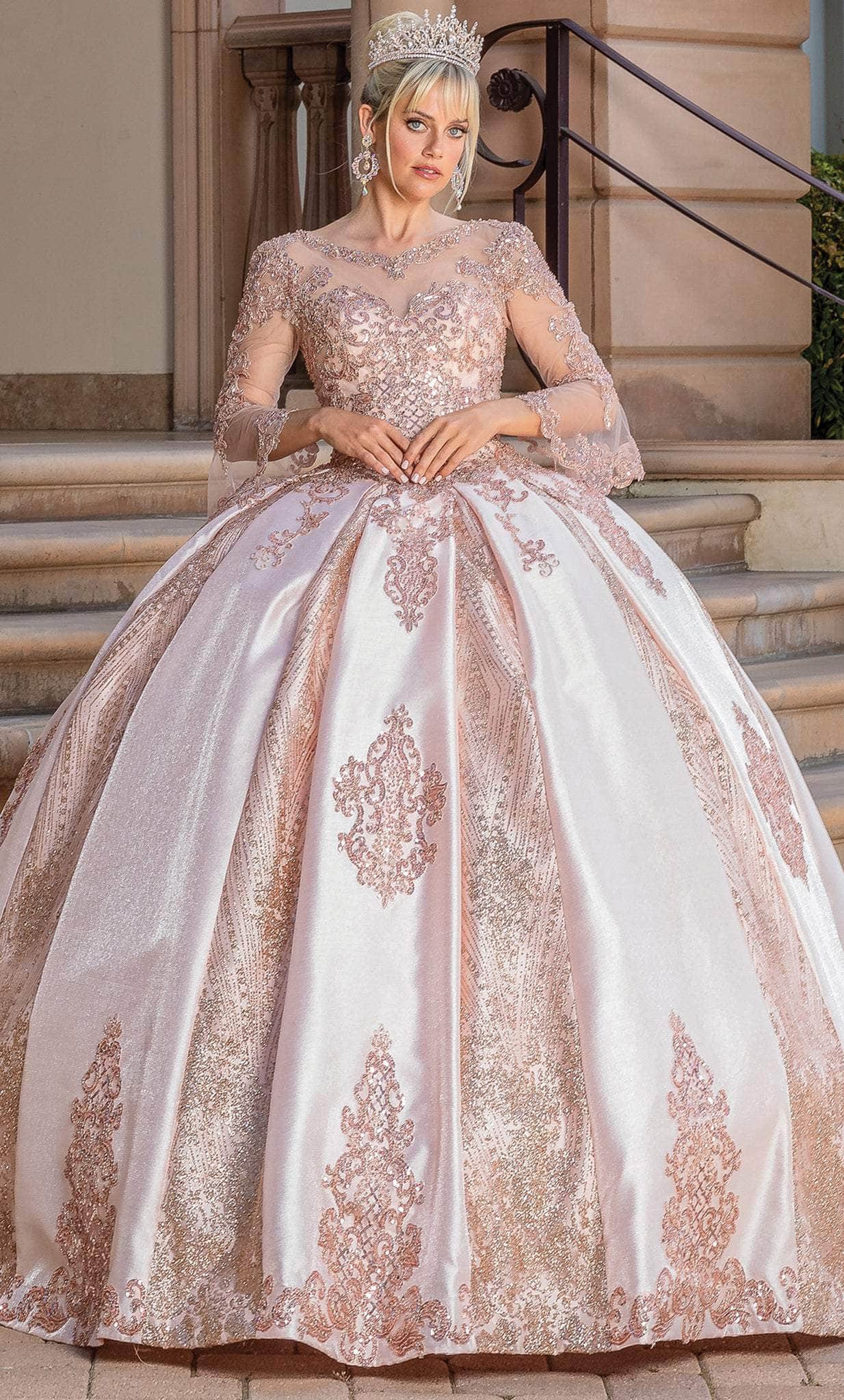 Dancing Queen 1665 - Bell Sleeve Ornate Quinceanera Ballgown XL / Rose Gold - Shop Dancing Queen Dresses On Couture Candy at CoutureCandy.com Dancing Queen 1665 - Bell Sleeve Ornate Quinceanera Ballgown XL / Rose Gold - Shop Dancing Queen Dresses On Couture Candy at CoutureCandy.com