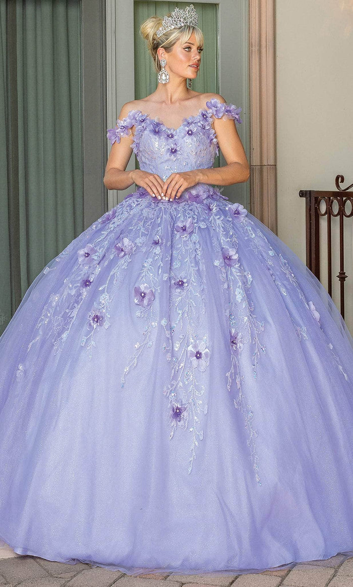 Dancing Queen 1703 - Floral Appliqued V-Neck Ballgown Quinceanera Dresses XS / Lilac