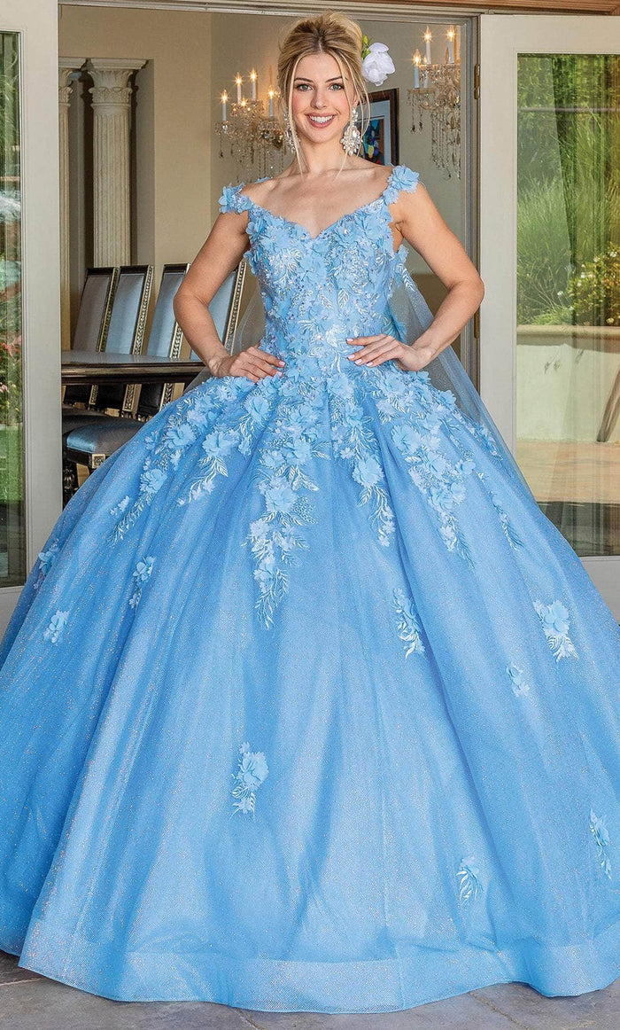 Dancing Queen 1707 - Floral Applique Quinceanera Ballgown Ball Gowns XS / Bahama Blue